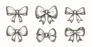 Retro yay ve kurdeleler. Hediye ya da tatil dekorasyonu için dekorasyon seti. Eskiz klasik illüstrasyonuName