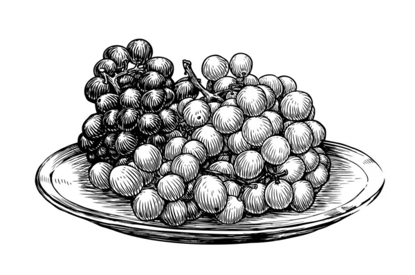 Racimo Uvas Plato Frutos Dibujados Mano Estilo Vintage Ilustración Del — Archivo Imágenes Vectoriales