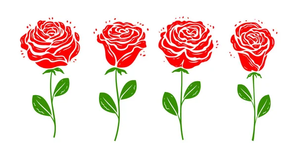 Rose Rouge Avec Symbole Feuilles Ensemble Icône Fleur Décorative — Image vectorielle