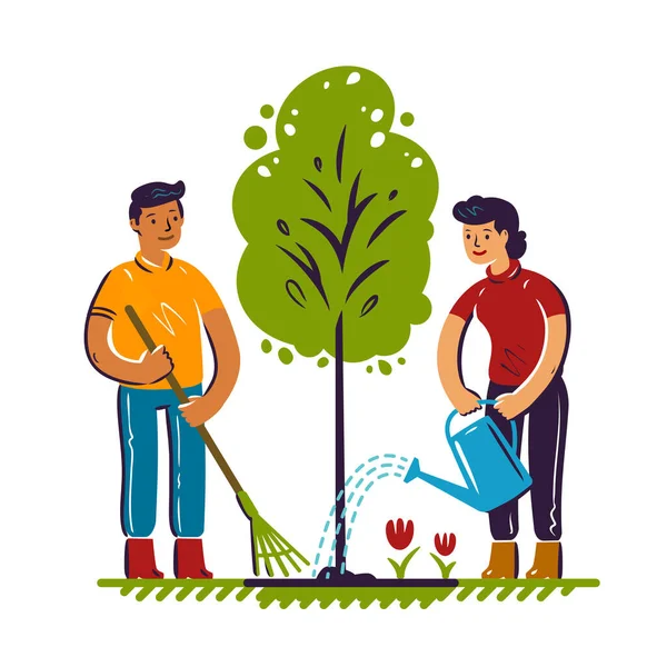 Jonge Mannen Vrouwen Planten Bomen Ecologie Beter Milieu Vrijwilligersprojecten — Stockvector