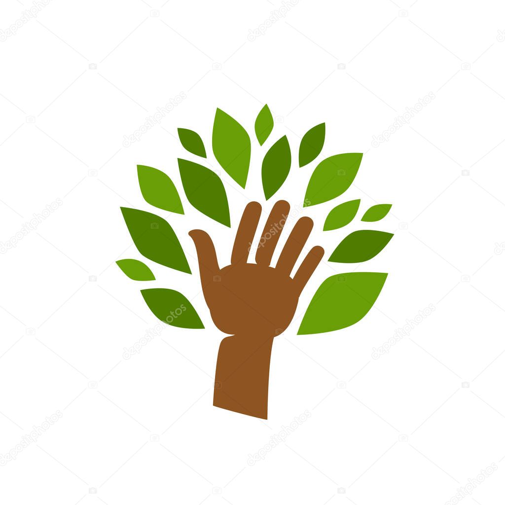 Abstract tree, hand and leaves logo. Organic, nature icon. Environment concept vector