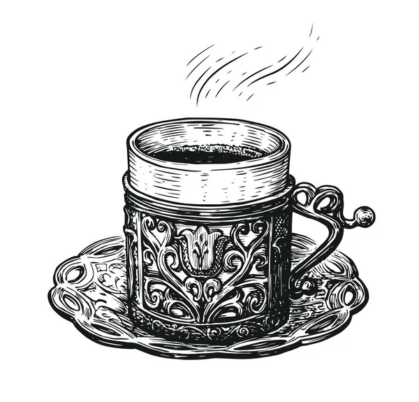 Esboço Café Turco Copo Desenhado Mão Uma Travessa Ilustração Vetorial —  Vetores de Stock