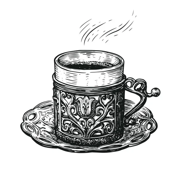 Turkisk Kaffeteckning Handritad Kopp Ett Fat Vintage Vektor Illustration — Stock vektor