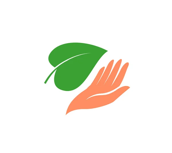 Mano Con Logo Hoja Verde Icono Símbolo Natural Del Producto — Vector de stock