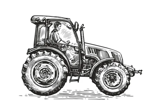 Agricultor Trabajando Tractor Granja Concepto Vector Agrícola Bosquejo Dibujado Mano — Vector de stock