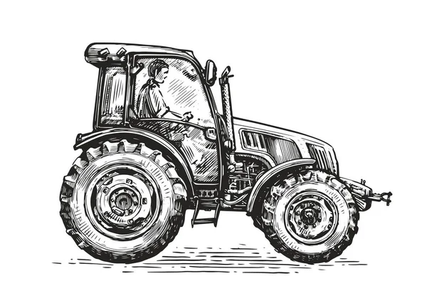 Farmer Working Tractor Farm Agriculture Vector Concept Hand Drawn Sketch — Stock Vector