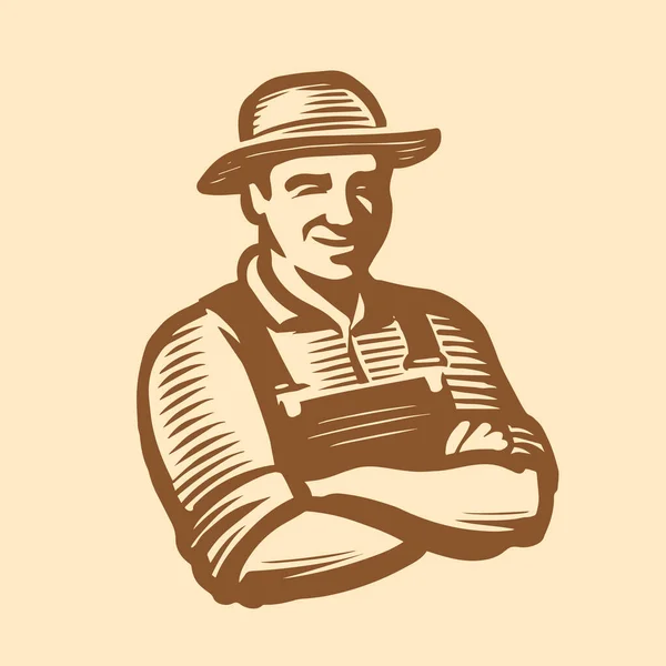 Λογότυπο Αγρότη Farm Σύμβολο Γεωργίας Στυλ Χαρακτικής Εικονογράφηση Διανύσματος Sketch — Διανυσματικό Αρχείο