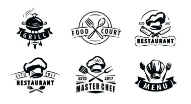 Lokanta ya da kafe için amblem seti. Logo, etiket ve işaret için tasarım elemanları. Vektör illüstrasyonu