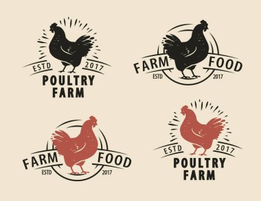 Tavuk amblemi klasik vektör çizimi seti. Çiftlik yiyecekleri konsepti. Horoz logosu tasarımı
