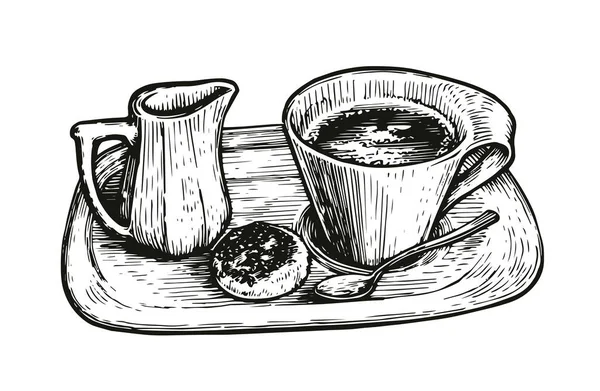 Egy Csésze Kávé Tálcán Ételkoncepció Vázlat Vektor Illusztráció Kávézó Vagy — Stock Vector