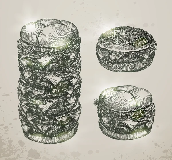 Vintage rychlého občerstvení, hamburgery. Ručně kreslenou ilustrace — Stockový vektor