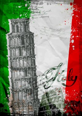 Leaning Tower of Pisa and the Colosseum on a background of the flag of Italy