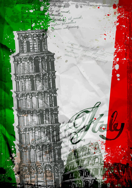 Leaning Tower of Pisa and the Colosseum on a background of the flag of Italy