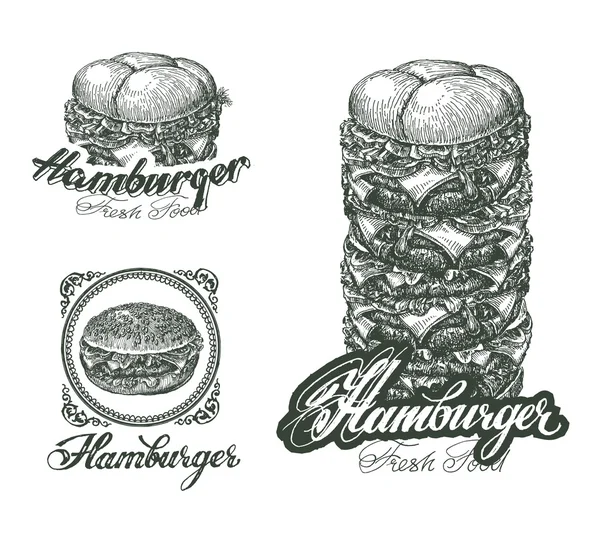 ハンバーガーのアイコン、ラベル、サイン、シンボルおよびデザイン要素 — ストックベクタ