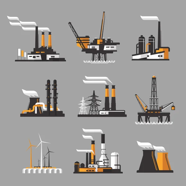 Iconos de fábrica industrial sobre fondo gris — Vector de stock