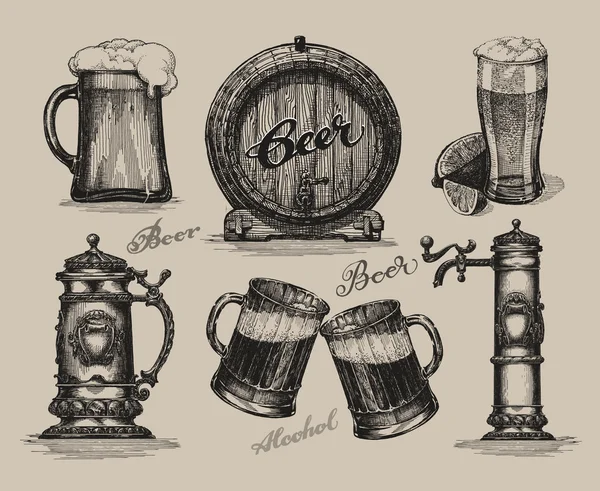 Beer set. Sketch elements for oktoberfest festival. Hand-drawn vector illustration — Stock Vector