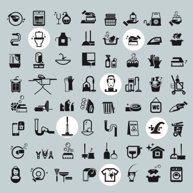 Temizlik araçları simgeler. Temizlik siyah vektör Icons set