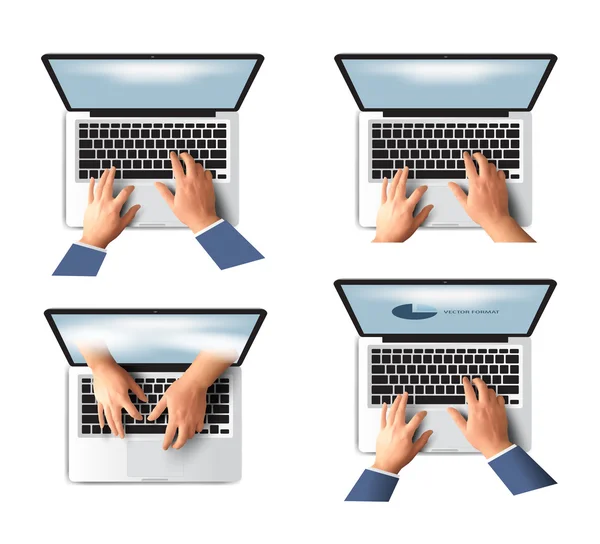 Main d'affaires sur ordinateur portable clavier avec illustration vectorielle à écran ouvert — Image vectorielle