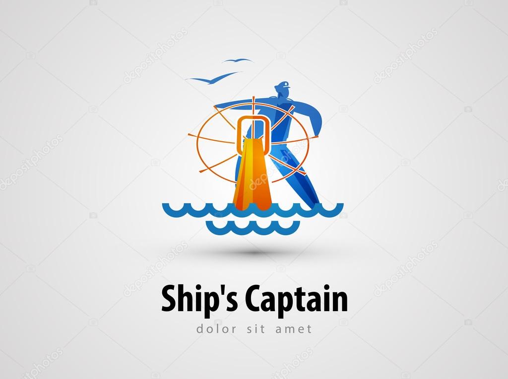 The ship's captain and a steering wheel on a gray background. vector illustration