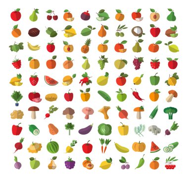 Gıda. Meyve ve sebze. Renkli simgeler kümesi