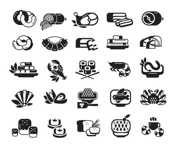 Comida. Carne, mariscos, productos horneados. Conjunto de iconos — Archivo Imágenes Vectoriales