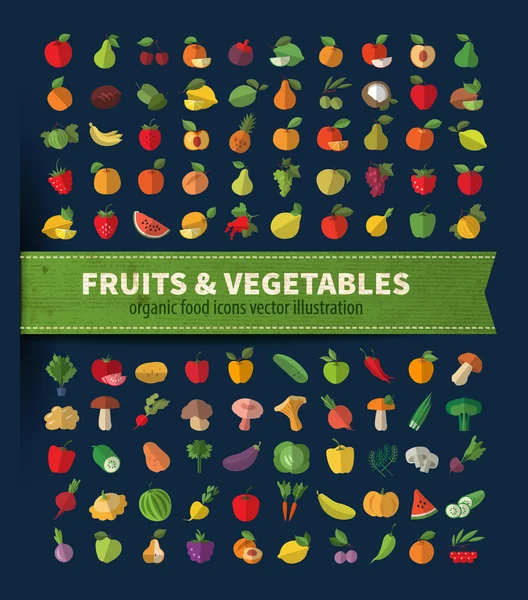 Frutas e legumes. Conjunto de ícones. Alimentos frescos — Vetor de Stock