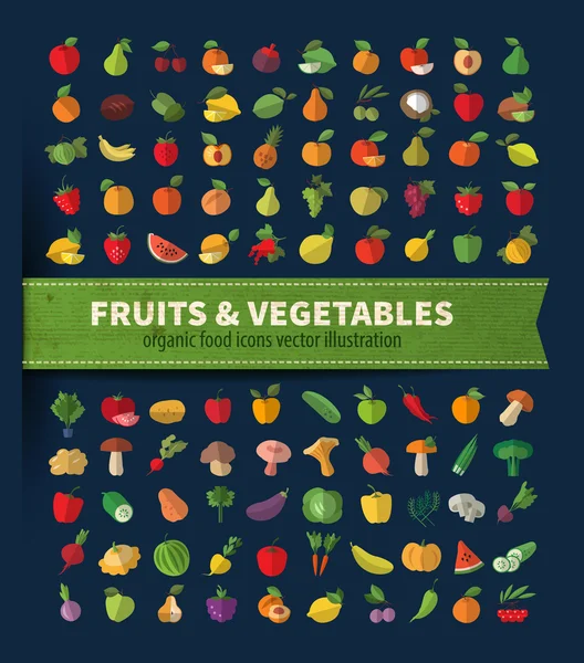 Frutas y verduras. Conjunto de iconos. Alimentos frescos — Archivo Imágenes Vectoriales