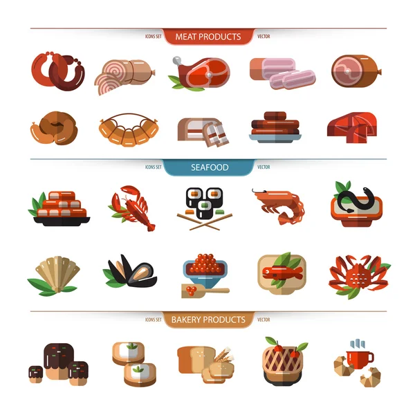 Food set of icons, symbols. Meat, seafood, bread. — Stock Illustration Food set of icons, symbols. Meat, seafood, bread. Stock Illustration