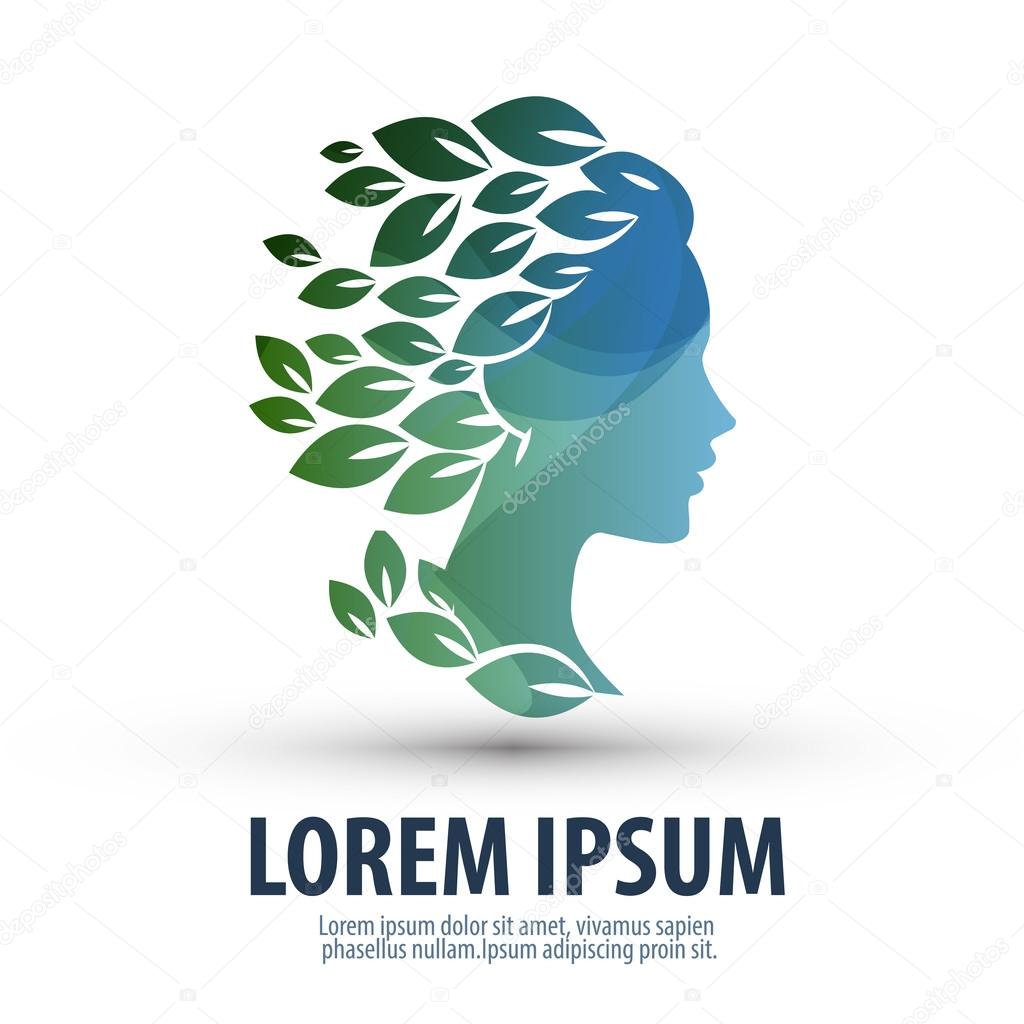 Beautiful girl with hair in the form of leaves. Logo, icon