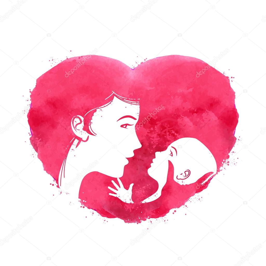 Silhouette of mother and child on a background of red hearts. vector illustration