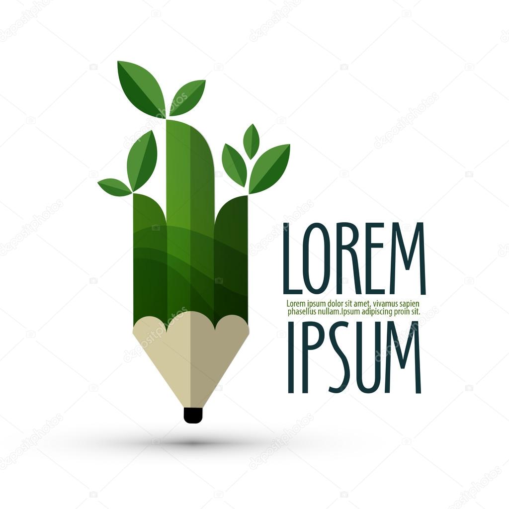 Green pencil with leaves on a white background. vector illustration