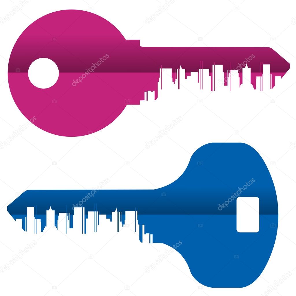Abstraction. Colored keys and the city on a white background