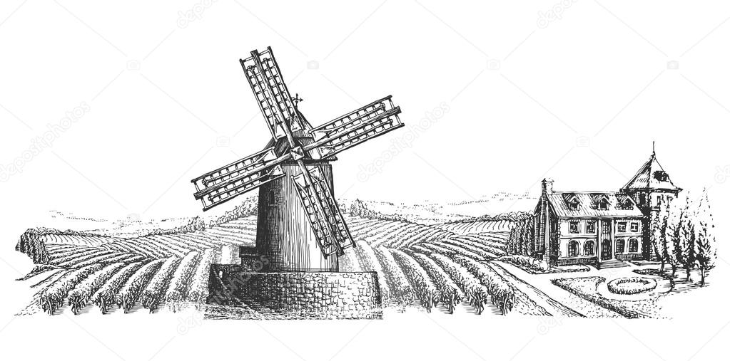 The mill on the background of the village on a white background