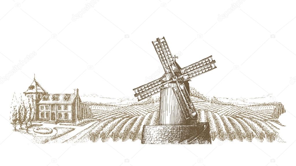 Old mill in the village. vector illustration