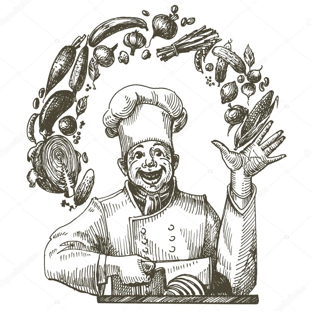 Chef and food on a white background. vector illustration