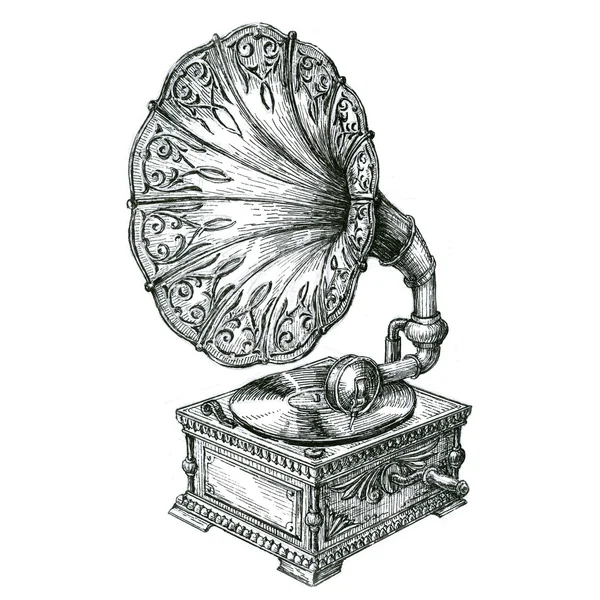 Ретро-грамофон ізольований на білому тлі. ескіз — стокове фото