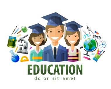 Eğitim, vektör logo tasarım şablonu okullaşma. Öğrenciler, mezunlar veya okul, kolej, üniversite simgesi. düz illüstrasyon