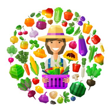 Çiftçi, fruiterer vektör logo tasarım şablonu. taze gıda, Bahçe, Bahçe Bitkileri veya meyve ve sebze simgesi. düz illüstrasyon