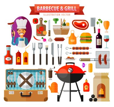 barbecue and grill. set of elements - food, meat, barbecue, kitchen tools, BBQ, bottle wine, suitcase, picnic, hamburger, vegetables, coal, sausage, ketchup, mustard, pepper clipart
