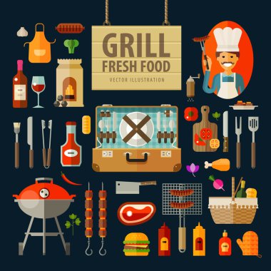 ızgara, Barbekü Icons set. mutfak aletleri, bavul, ketçap, kömür, şişe şarap, önlük, sosis, Barbekü, şiş, şiş, bıçak, et, sos, piknik sepeti, ekmek unsurları - Şef, ayarla