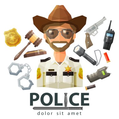 police, law icons. set of elements - gavel, flashlight, shocker, cartridge, portable radio, pistol, handcuffs, badge, policeman clipart