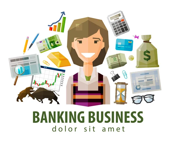 Bank, börs, vektor logo på kontorskomplex. pengar, mäklare, mäkleri, börsmäklare eller affärskvinna ikon. platt illustration — Stock vektor