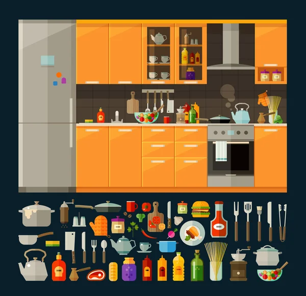 Conjunto de iconos de cocina. muebles y utensilios de cocina modernos, comida. vector. ilustración plana — Vector de stock