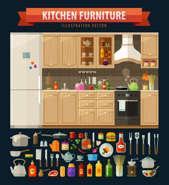 烹饪图标设置。厨房家具和餐具，食物。矢量。平的插图 — 图库矢量图片