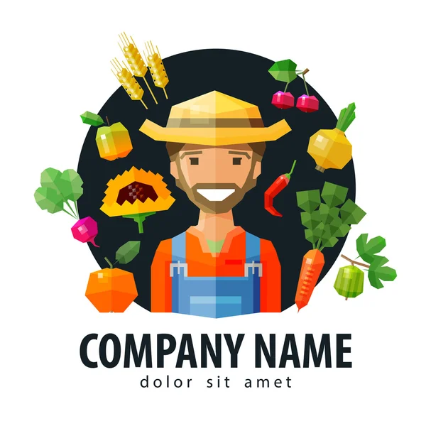 Agricultor, fruiterer modelo de design logotipo vetor. alimentos frescos ou frutas e legumes ícone. ilustração plana —  Vetores de Stock