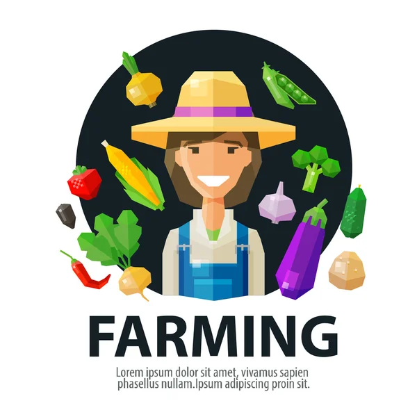 Agricoltura, agricoltore, modello di progettazione del logo vettoriale della fattoria. cibo fresco o icona del raccolto. illustrazione piatta — Vettoriale Stock