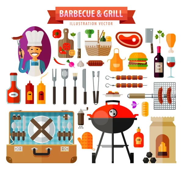 Grill och grill. uppsättning element - mat, kött, grill, köksredskap, bbq, flaska vin, resväska, picknick, hamburgare, grönsaker, kol, korv, ketchup, senap, peppar — Stock vektor