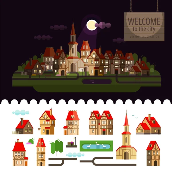 Night in the city. Set of elements - home, church, lake, trees, road, street, cottage, bench — Stock Vector