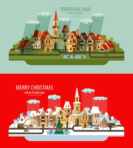 City landscape. Set of elements - house, building, village, tower, chapel, bell tower, street, road, summer, Christmas, winter, trees, rain — Stock Vector