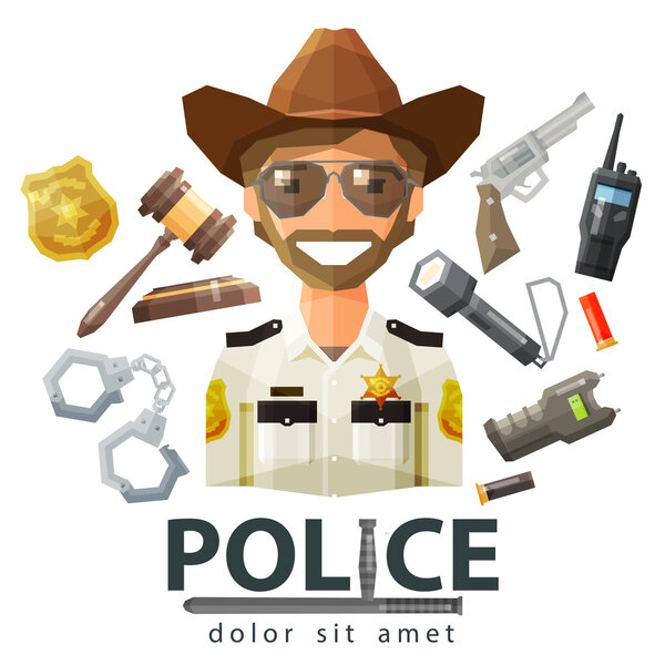 police, law icons. set of elements - gavel, flashlight, shocker, cartridge, portable radio, pistol, handcuffs, badge, policeman